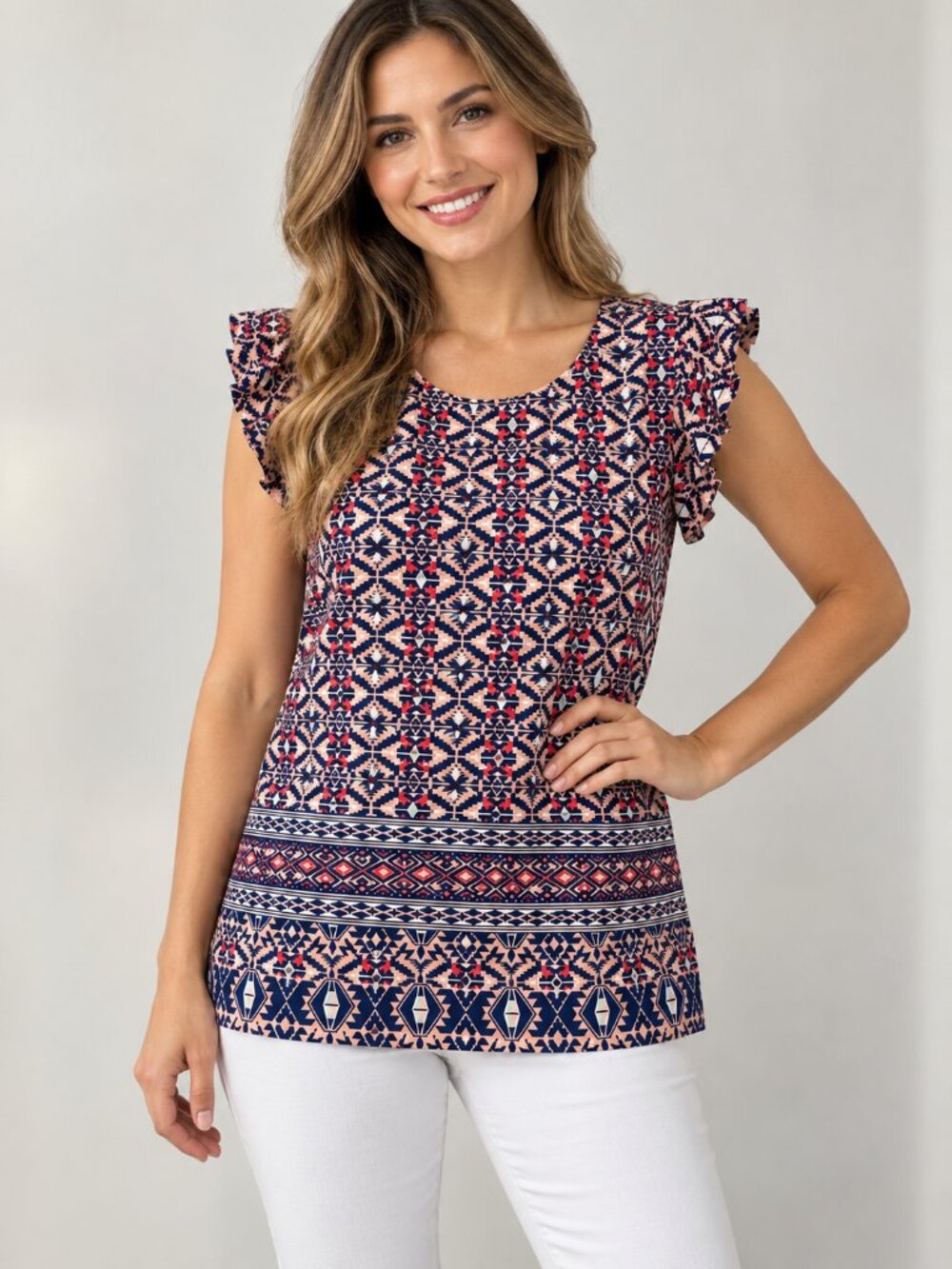 Papaya S Pink Blue Geometric Tribal Ruffle Sleeve Boho Blouse Top
